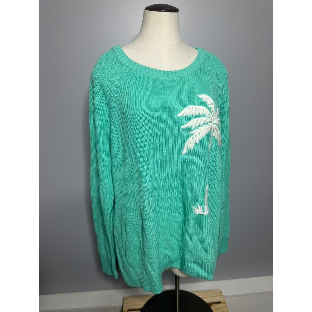 Belle Beach Kim Gravel Aqua Green Palm Tree Embroidered Knit Sweater 1X